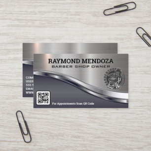 Barber Pole Logo QR Code Metallic Sleek Business Card