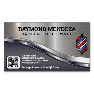 Barber Pole Logo   QR Code   Metallic Sleek Magnetic Business Card