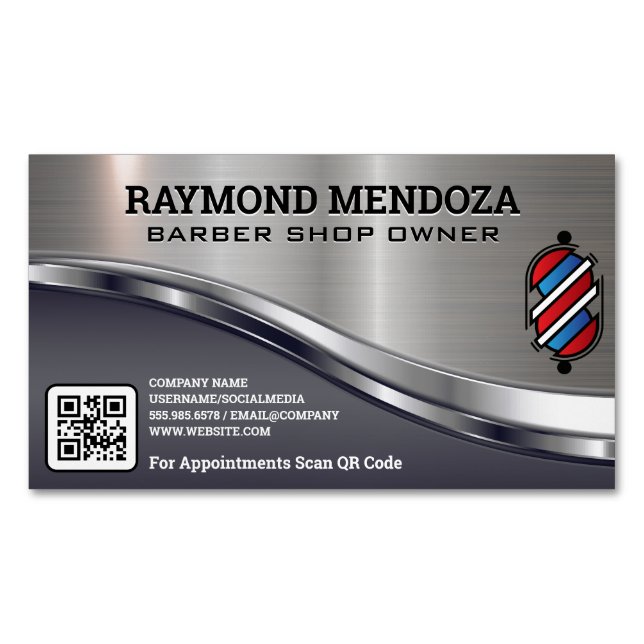 Barber Pole Logo | QR Code | Metallic Sleek Magnetic Business Card (Front)