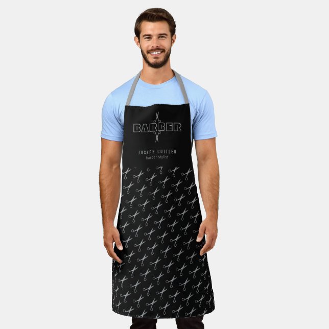 Barber scissors pattern barbershop grey and black apron (Worn)