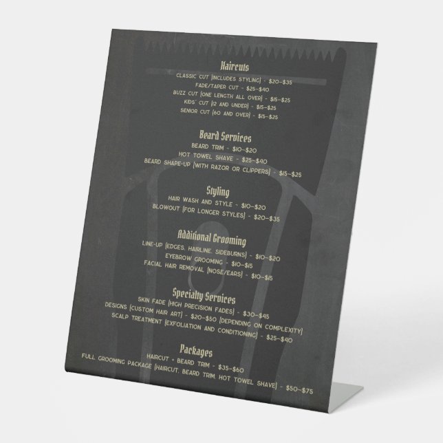 Barber Shop Barbershop Price List Service Menu  Pedestal Sign (Front)