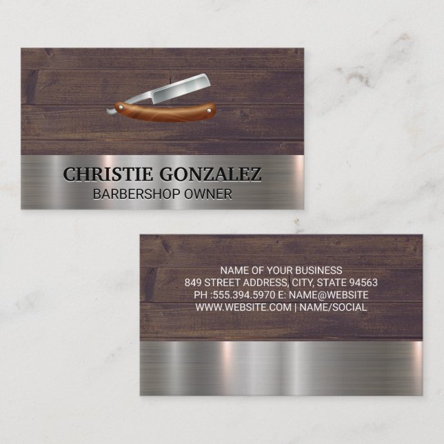 Barber Shop Blade | Metal and Wood Business Card (Front/Back)
