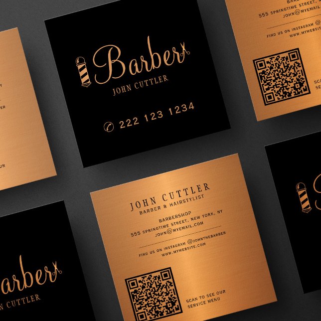 Barber shop gold scissors pole QR code promotional Square Business Card (Creator Uploaded)