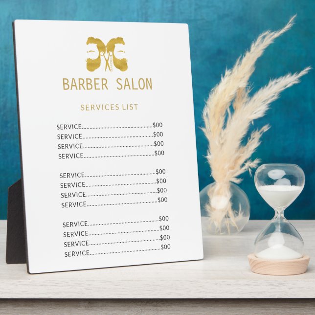Barber shop gold white elegant services price list plaque (Side)