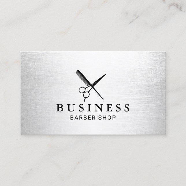 Barber Shop Hair Salon Modern Silver Minimalist Business Card (Front)