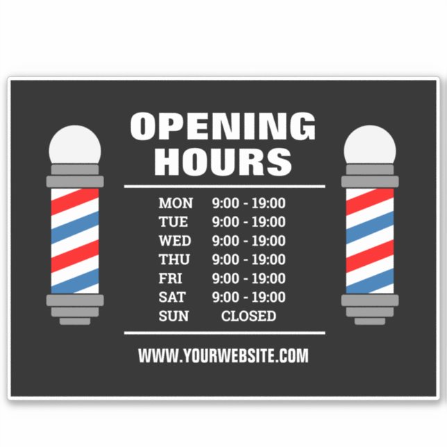 Barber shop hair salon opening hours vinyl sticker (Front)