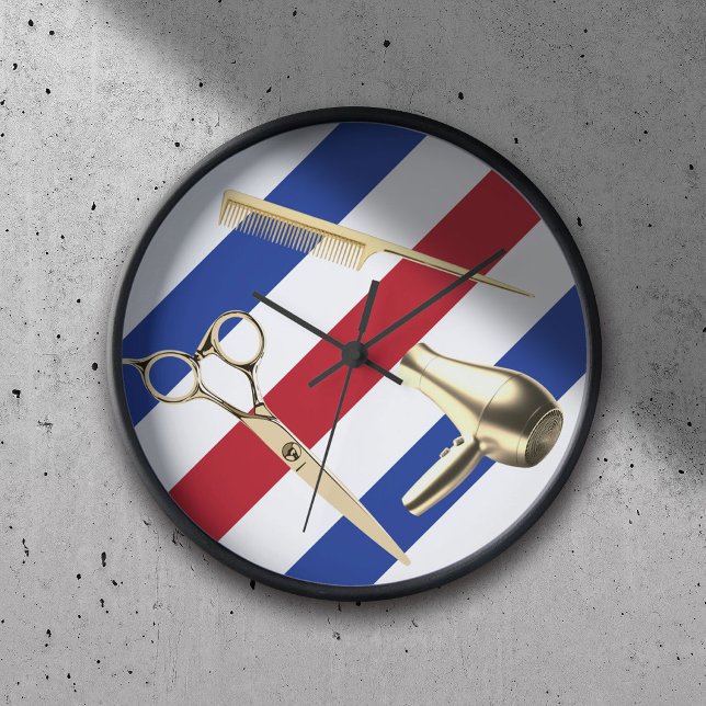 Barber Shop Hair Stylist Modern Stripes Gold Tools Clock (Creator Uploaded)