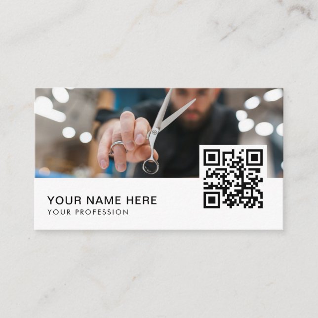 Barber Shop Hair Stylist Professional Bar QR Code  Business Card (Front)