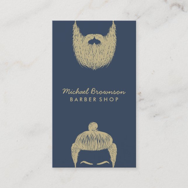 Barber Shop hipster beard moustache navy gold Business Card (Front)
