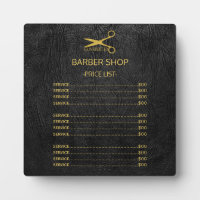 Barber shop logo black gold service menu plaque