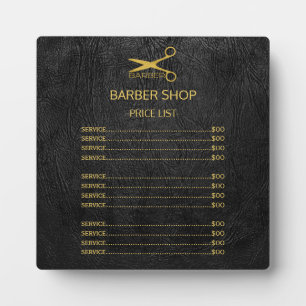 Barber shop logo black gold service menu plaque