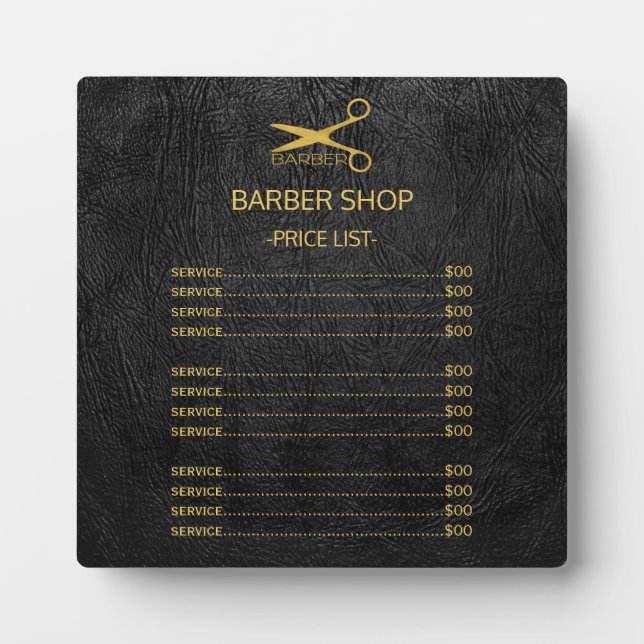 Barber shop logo black gold service menu plaque (Front)