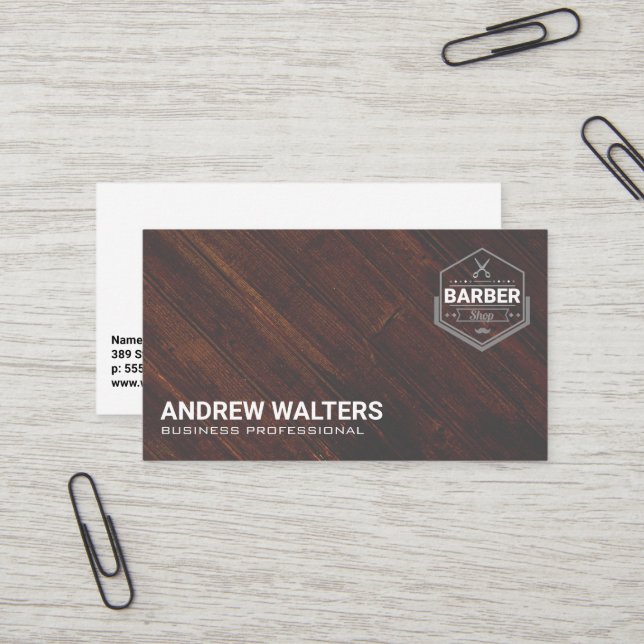 Barber Shop Logo | Wooden Boards Business Card (Front/Back In Situ)