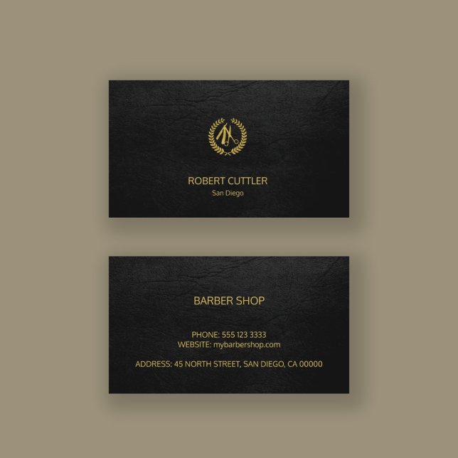 Barber shop luxury simple black leather look business card (Creator Uploaded)