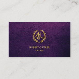 Barber shop luxury simple gold purple leather look business card