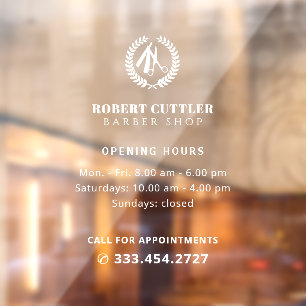 Barber shop opening hours custom logo window cling