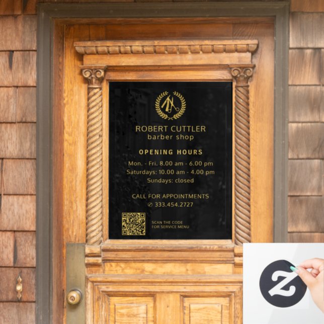 Barber shop opening hours gold black logo QR CODE Window Cling (Home Door)