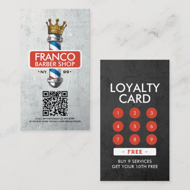 Barber Shop Royal Crown Barber Pole Hair Salon QR Loyalty Card (Front/Back)