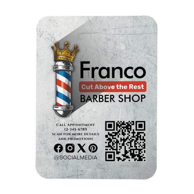 Barber Shop Royal Crown Barber Pole Hair Salon QR Magnet (Vertical)