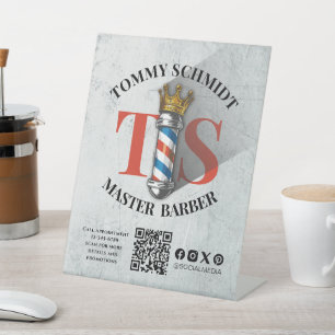 Barber Shop Royal Crown Barber Pole Hair Salon QR Pedestal Sign