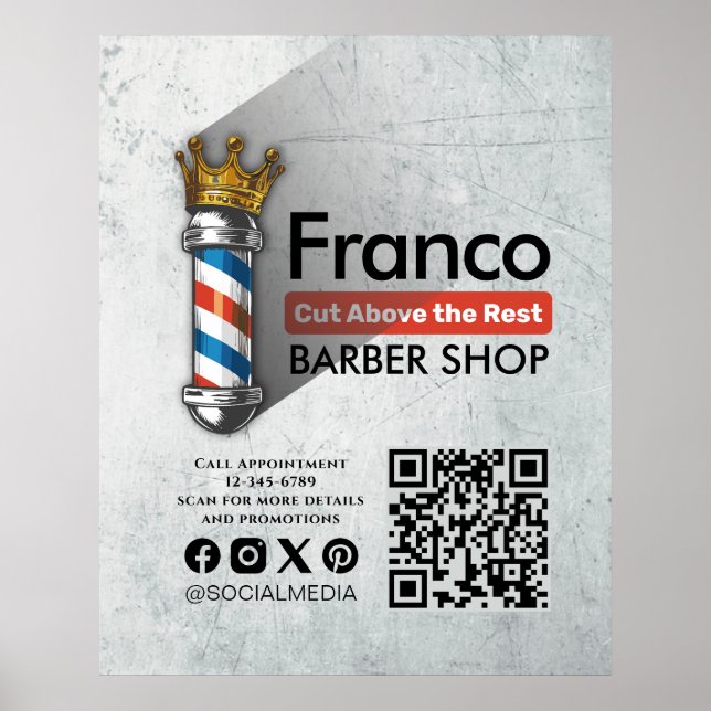 Barber Shop Royal Crown Barber Pole Hair Salon QR Poster (Front)
