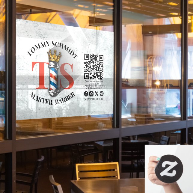 Barber Shop Royal Crown Barber Pole Hair Salon QR Window Cling (Restaurant Window)