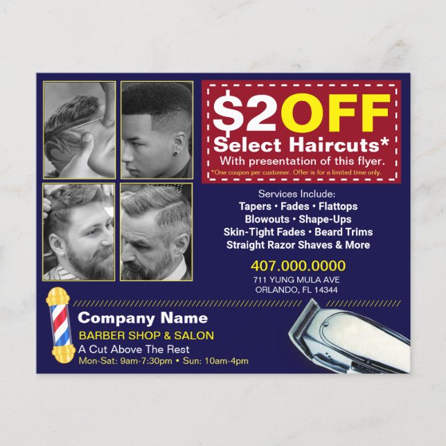 Barber Shop & Salon Customizable Coupon Template Flyer (Front)