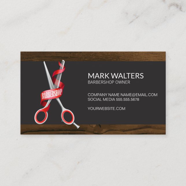 Barber Shop Scissors | Barber Pole | Wood Trim Business Card (Front)