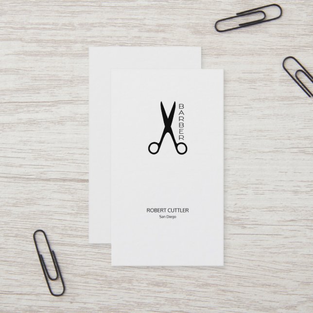 Barber shop scissors simple black and white business card (Front/Back In Situ)