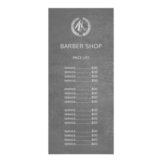 Barber shop silver dark grey leather price list rack card (Front)
