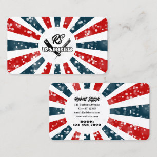 Barber sparkly rays blue and red stripes with logo business card