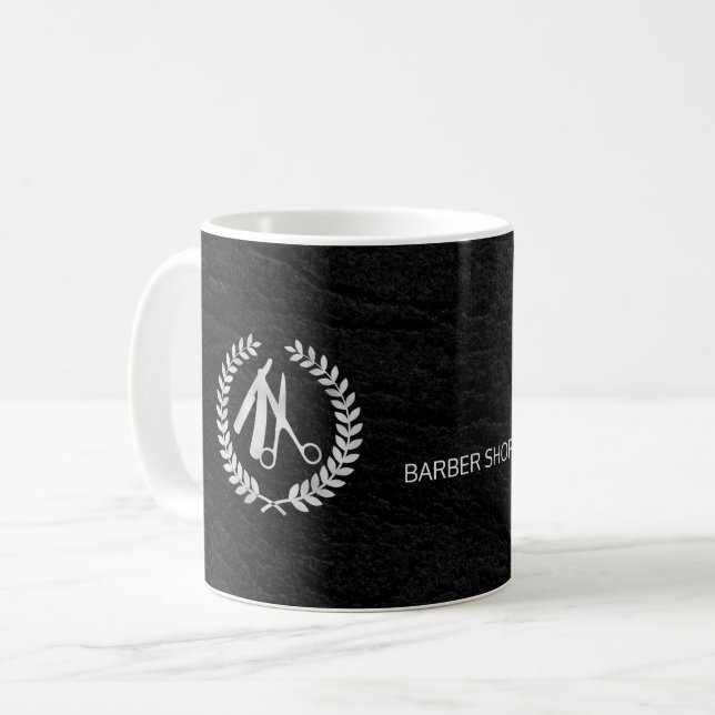Barber stylist luxury silver black leather look coffee mug (Front Left)