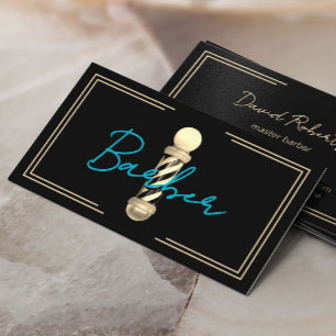 Barber Teal Script Gold Framed Hair Stylist Black Business Card