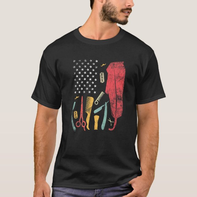 Barber Us Flag Hairdresser Love Hairdryer Barber H T-Shirt (Front)
