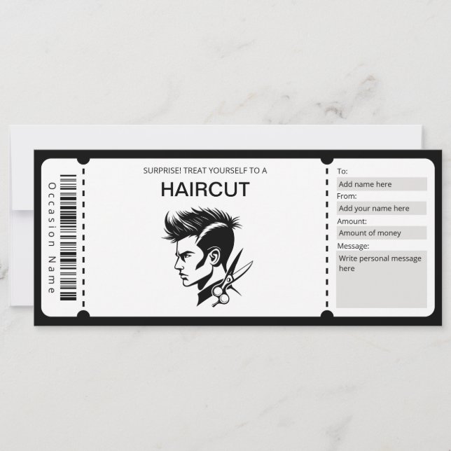  Barber Voucher Template, Haircut Gift Certificate Invitation (Front)