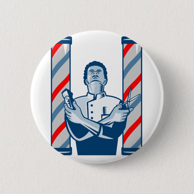 Barber With Pole Hair Clipper and Scissors Retro 2 Inch Round Button (Front)