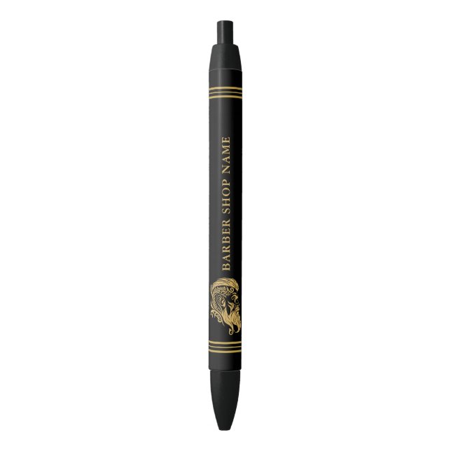 Barbers Shop Gold Ornamental Logo Custom Text Blue Ink Pen (Front Vertical)