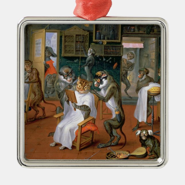 Barber's shop with Monkeys and Cats Metal Ornament (Front)