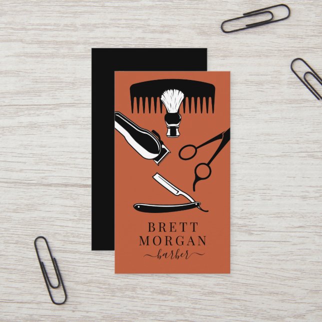 Barber's Tools Orange Black Barber Business Card (Front/Back In Situ)
