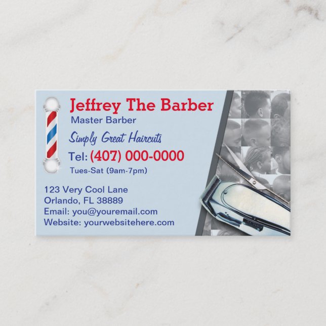 Barbershop Barber (Barber pole and clippers) Business Card (Front)