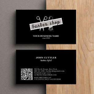Barbershop barber QR code modern black  Business Card