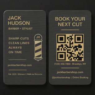 Barbershop Black Linen Gold Barber Haircut  Business Card