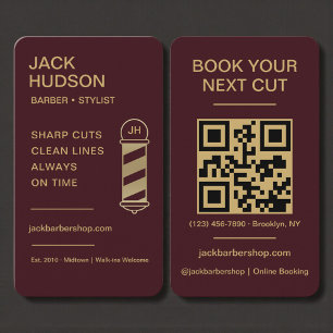 Barbershop Burgundy Gold Barber Haircut QR Code Business Card