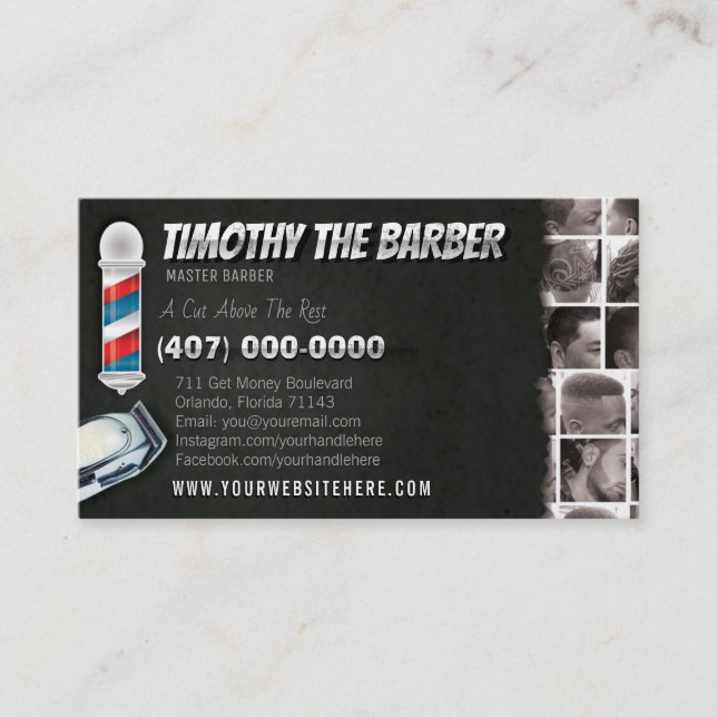 Barbershop Business Card-Barber pole, clippers Card (Front)