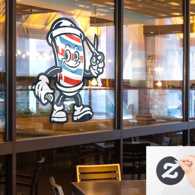 Barbershop Cartoon Barber Pole Character Window Cling (Restaurant Window)