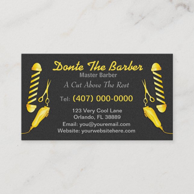 Barbershop (Gold barber pole, clippers and shears) Business Card (Front)