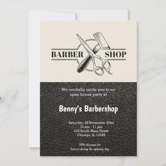 Barbershop leather look open day invitation (Front)