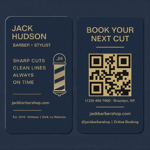 Barbershop Navy Blue Gold Barber Haircut QR Code Business Card