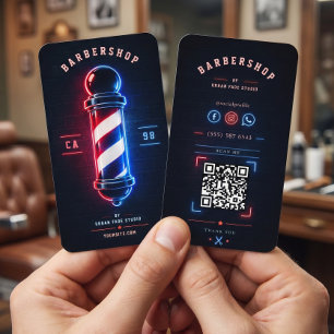 Barbershop Neon Bold Blue Red Pole Logo Business Card