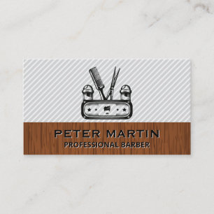 Barbershop Tools Emblem   Wood Trim Business Card